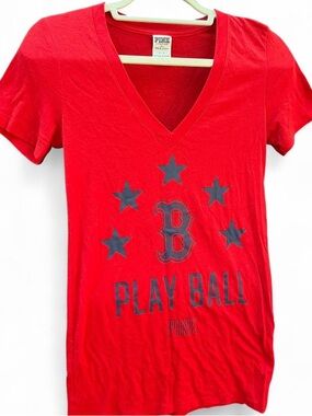 PINK Victoria's Secret Red 'Play Ball' V-Neck Tee with Navy Stars